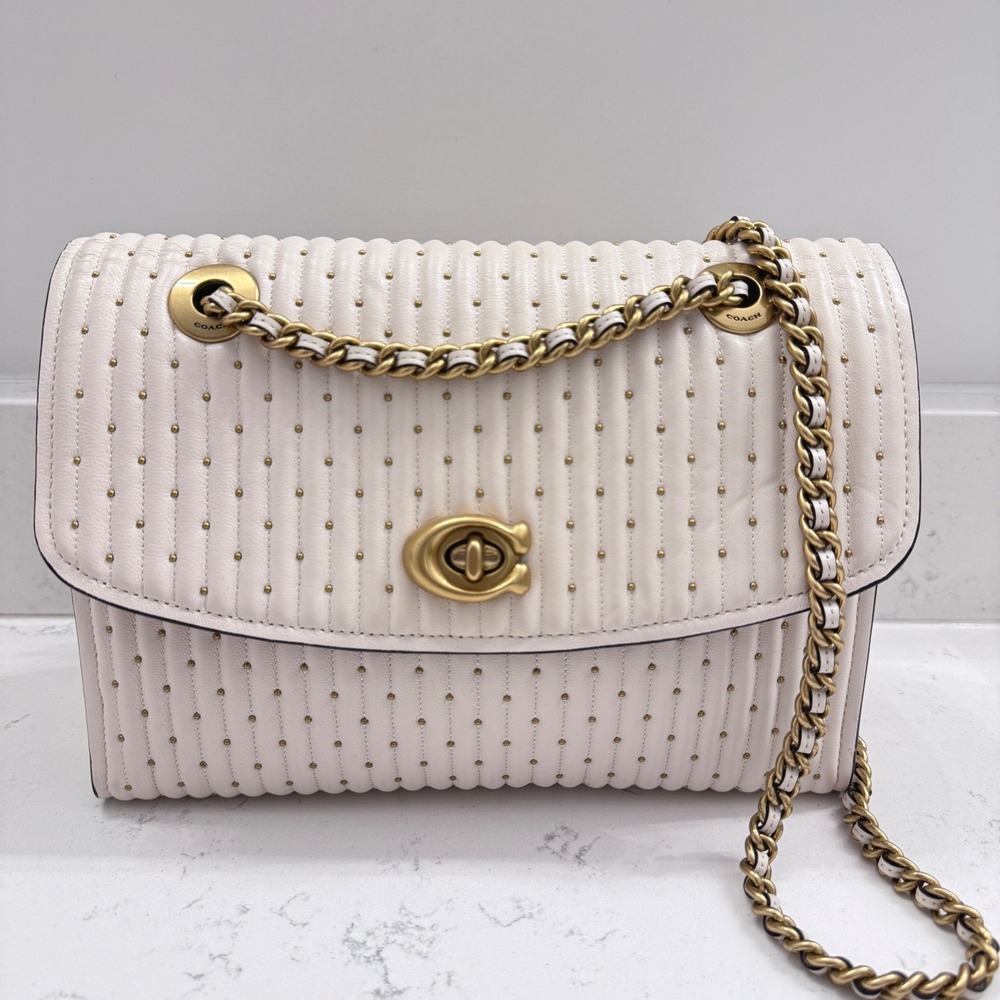 Coach Madison Shoulder Bag Chalk White Studded Quilted Leather